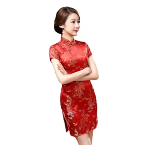 Retro Tang Style Cheongsam Dragon Phoenix Short Red Silk Dress Large Size Daily Party Performance Costume