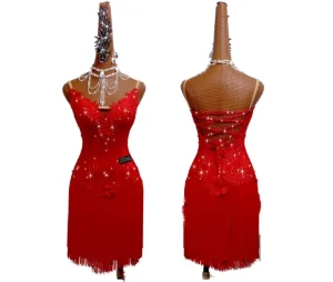 Rhinestone Latin Dance Dress Women Fringe Salsa Ballroom Performance Red Costume Lace up Sparkly Competition Dance Dress