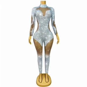 Rhinestone Mesh Bodysuit Party Stage Performance Singer Dancer Costume for Women