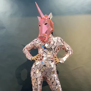 Rose Gold Mirror Unicorn Outfit Geometric Reflective Jumpsuit with Head Tail for Bar Mall Event Parade Cosplay Live Stage Show