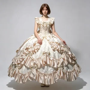 Ruffled Puffy Lolita Victorian Ball Gown Cosplay Costume with Flower Details