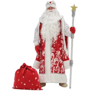 Santa Claus Cosplay Costume Set with Christmas Hat Coat 2 Pairs of Gloves Large Gift Sack Beard Polyester