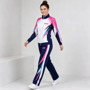 School Cheer Warm-Up Jacket and Pants Set, Navy and Pink Speed Line Design