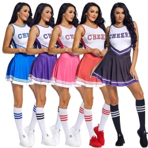 Schoolgirl Cosplay Outfit Letter Print Sleeveless Dress Womens Cheerleading Uniform Dance Costume With Socks Cheering Flower