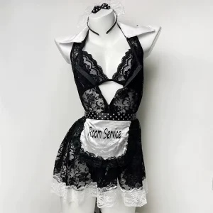 See-Through Lace Sexy Lingerie Cosplay Maid Uniform Set for Women