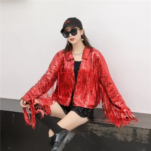 Sequin Short Coat Long Sleeves Fashionable Tassel Design Loose Top Nightclub Bar Dance Performance Costume