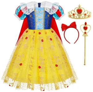 Sequin Yellow Royal Outfit Bubble Sleeve Lace Flowers Girl Snow Princess Costume with Red Cape