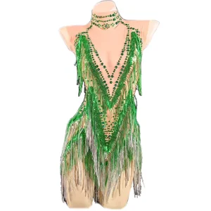 Sexy Iris Gradient Tassel Latin Rhinestone Dance Competition Party Talent Club Dress Prom Performance Costume Stage Jumpsuits