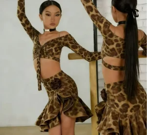 Sexy Leopard Latin Dance Top with Skirt Sets Long Sleeve samba Rumba Fishbone Dancing Outfits Performance Compete for Children