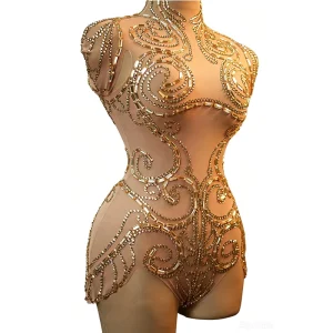 Sexy Mesh Latin Rhinestone Sparkly Crystals Dance Competition Party Talent Club Dress Prom Performance Costume Stage Jumpsuits
