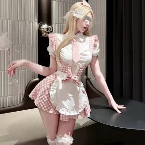 Sexy Plaid French Maid Costume Women Puff Sleeve Ruffled Apron Lingerie Role Play Uniform Fancy Dress Set