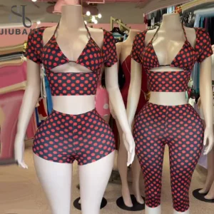 Sexy Polka Dot Print 3 Piece Set Women Trend Hollow Bandages Low Neck Crop Top and Bike Shorts Street Party Vacation Suits