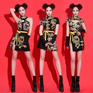 Sexy Traditional Chinese Jazz Dance Cheongsam Qipao Short Length Women’s Performance Outfit Set for Girl Group Promotional Use