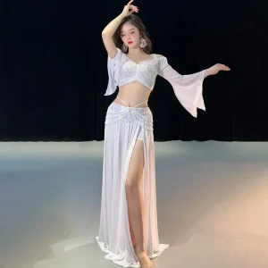 Sexy White Belly Dance Dress Suit Polyester Rayon Kits Practice Stage Performance Wear Ballroom Skirt Dance Costume for Women