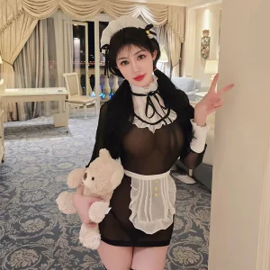 Sheer Mesh Pencil Dress Maid Uniform Lingerie