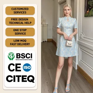Short Sleeve Cheongsam Mini Dress Women Light Blue Jacquard Qipao Dress Pearl Decor Stand Collar Chinese Traditional a Line