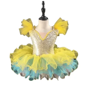 Silver Sequin Yellow Gradient Tulle Ballet Tutu Costume Kits Kids Shoulder Bow Spaghetti Strap Stage Dance Dress