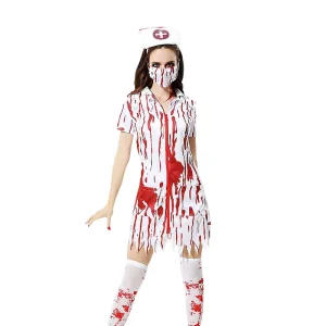 Soft Polyester Ragged-Edge Zombie Bloody Nurse Halloween Costume for Women Cosplay