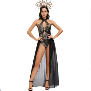 Spot Polyester Bronzing+40D Net Halloween Horror Sea Monster Ancient Greek Myth Medusa Snake Print High Forked Swimsuit