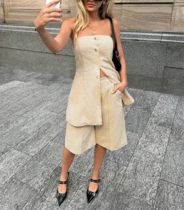 Spot Womens New Solid Colour Fashion Casual Sleeveless Shirts Belted Ripped Panelled Button Shorts Suits