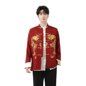 Spring Autumn New Style Silk Tang Suit Men’s Long-Sleeved Tops Middle-Aged and Elderly Embroidered Chinese Style