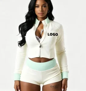 Spring Custom Logo Women’s Sports Wear Tracksuit Crop Top Jacket and Above Knee Shorts for Summer