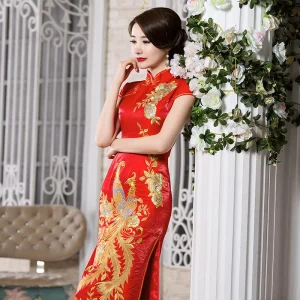 Spring and Autumn Vintage Cheongsam Long Damask Bridal Dress Large Phoenix Embroidered Traditional Chinese Women Long Dresses