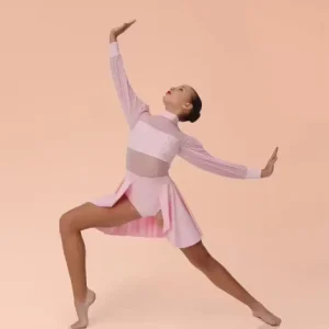 Stage Factory Unique Pink Embroidered Lace Soft Mesh Dance Costume Long Puffy Sleeves Lyrical Performance Wear