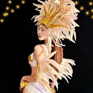 Stage Performance Costume Golden Feather Bikini Nightclub Theme Show Chinese Style Polyester Material