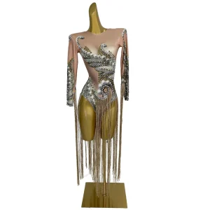 Stage Performance Short Jumpsuit Women Live House Drag Show Festival Costume Dancer Leotard Rhinestone Tassel Bodysuit