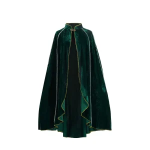 Stand Collar Velvet Long Cape Gold Trim Wizard Witch Cloak Halloween Medieval Cosplay Robe Party Fancy Dress Costume