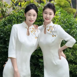 Suit Set Women’s New Chinese Style Professional Dress Polyester Sleeveless Solid Pattern Jewelry Store Beauty Salon Hotel