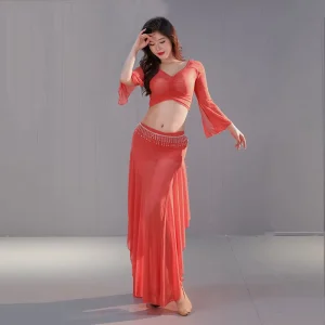 Summer Belly Dance Practice Wear Women’s Mesh Flare Sleeve Top and High Slit Skirt 2 Piece Set Belly Dance Costume Oriental Outfit