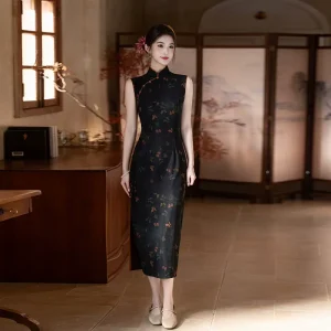 Summer Black Color Sleeveless Qipao Dress Chinese Traditional Clothes Stand Collar Young Women Performance Show Long Cheongsam