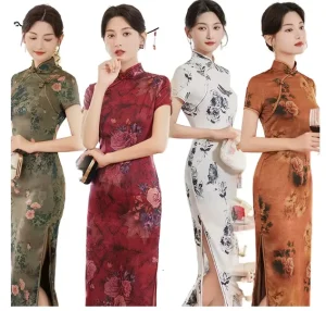Summer New Chinese Traditional Qipao Long Dress Women Cheongsam Retro Slim Fit Fashion Banquet Performance Dress