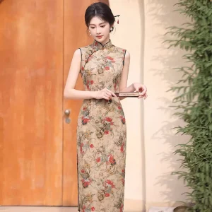Summer Performance Show Party Wear Cheongsam Sleeveless Youth Women Chinese Traditional Clothes Stand Collar Qipao Dress