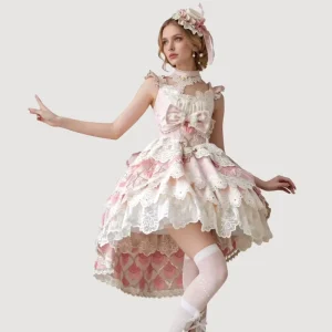 Sweet Lolita JSK Dress Tiered Lace Pink Princess Cosplay Costume