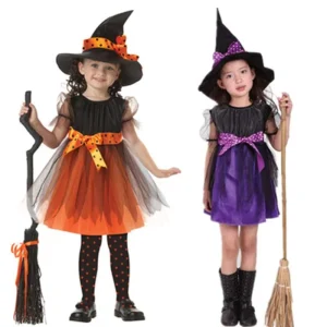 Toddler Girl Witch Tutu Costume Short Sleeve Dress with Ribbon and Pointed Hat for Halloween