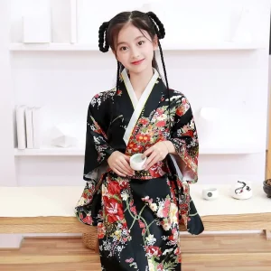 Toddler Girls Silk Japanese Kimono Dress 3 4 Sleeve Flower Printed Traditional Robe Cosplay Photo Costume