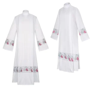 Traditional Catholic Priest Robe for Men White Grapevine Print Stand-Collar Clergy Mass Alb