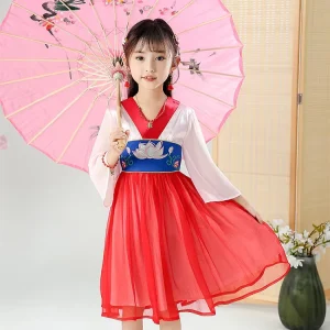 Traditional Fabric Lotus Embroidery Girls Hanfu Dress Costume Children’s Traditional Chinese Opera