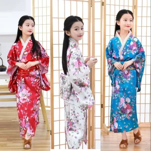 Traditional Japanese Children’s Peacock Yukata Dress for Girls