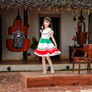 Traditional Mexican Girl Costume for Halloween Ethnic Ballroom Performance Dress for Child Girls Halloween Role Play Costume