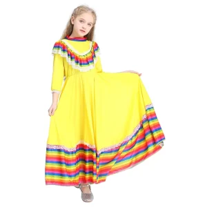 Traditional Mexican Girls’ Long Synthetic Dress Ethnic Dance Costume for Children’s Party Performance Game