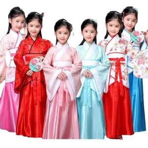 Traditional Vintage Chinese Silk Robe Costume Girls Kimono Ethnic Chorus Dance Hanfu Costume