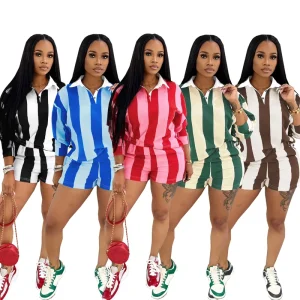 Trendy Stripe Print Two Piece Set Women Hipster Lapel Long Sleeve Top and Shorts Matching Summer Casual Tracksuit