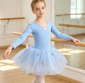 U Neck Ballet Dance Dress Long Sleeves Open Back Mesh Outfit Bow Ballerina Tulle Tutu Training Stage Performance For Girls Kids