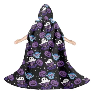 Unisex Adult Black Hooded Cape Halloween Trick Treat Ghost Pumpkin Print Robe Carnival Stage Dress Costume Polyester