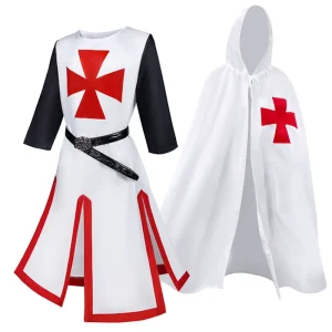 Unisex Adult Medieval Templar Knight Cosplay Costume Set Polyester Hooded Cloak and Tunic