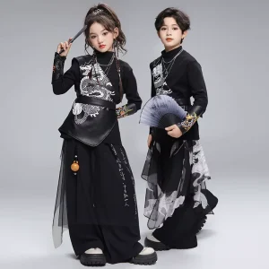Unisex Children’s Hanfu Dress Traditional Chinese Dragon Embroidery Tang Suit Kung Fu Costume for Stage Dance